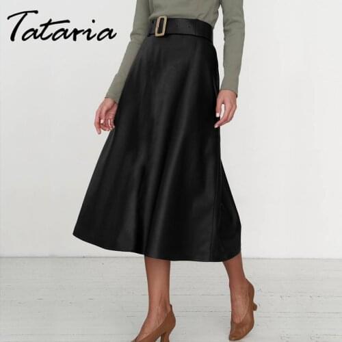 2021 New Autumn Winter PU faux leather skirt women Elegant mid long Skirt with Belt mujer High Waist A-line Chic Umbrella Skirts