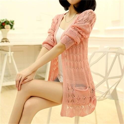 Spring and Autumn new womens hollow knit cardigan sweater long loose sweater (6 colors optional)