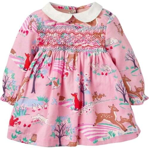 Little maven Toddler Autumn Winter Skirt Long Sleeve Girls Pink Deer and Fox Pattern Clothes Lapel Children Casual Dresses 2-7Y