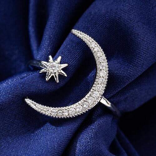 Adjustable Crystal Wedding Rings for Women Rose Gold Moon Star Open Finger Rings Engagement Fashion Jewelry Girl Gifts
