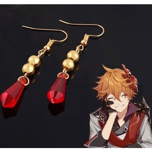 Game Genshin Impact Tartaglia Zhongli Cosplay Earring Ear Stud Prop Red Crystal Earrings Accessories