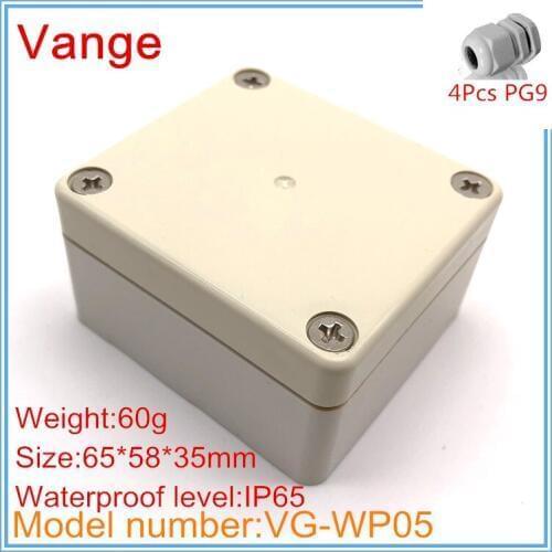 Discount packing molding made IP65 waterproof ABS plastic project boxes with 4pcs PG9 waterproof cable gland 65*58*35mm
