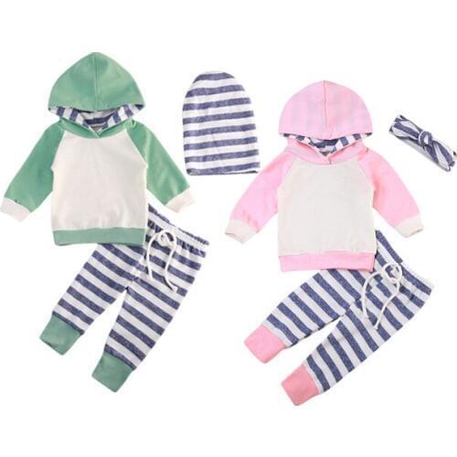 Citgeett Spring CUTE Newborn Baby Boy Girl Hooded Patchwork Sweatshirt Striped Casual Leggings Pants Outfits Sweet Set 0-24M