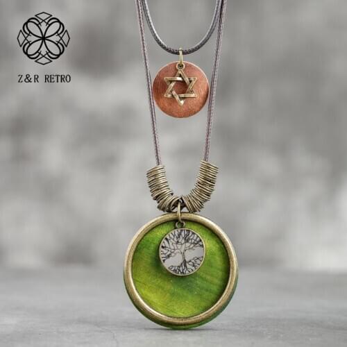 Unique Coin Necklace Vintage Long Chain Pendants Neck Zinc Alloy Accessories Big Necklace Wood Jewelry For Women Christmas Gift