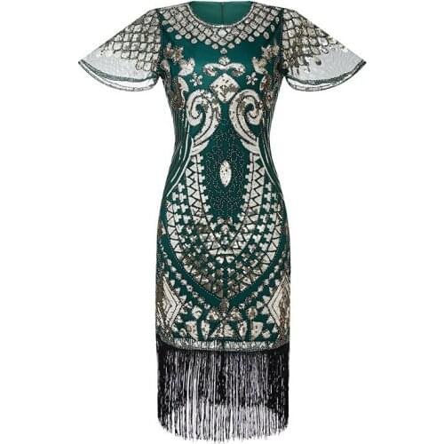 Sexy Short Sleeve Royal Embroidery Fringe Great Gatsby Party Dress Women 1920s Dress Sequin Beaded Tassels Hem Flapper Dress