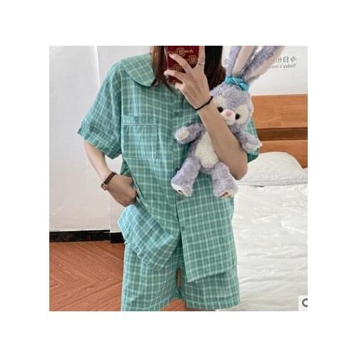 Japanese Fresh Maiden Pajamas Green Grid Printed Summer Short Sleeve Sleepwear Trendy Leisure Korean Style Shorts Homewear Suit