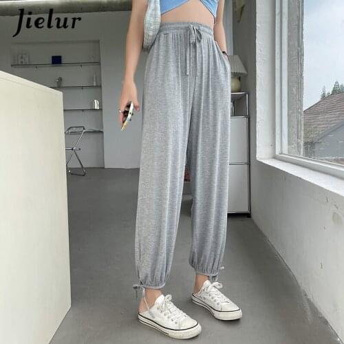Jielur 2021 Summer Gray Black Womens Pants Loose Thin Ice Silk Casual Pants Female Ankle-Length Solid Color Drawstring Trousers