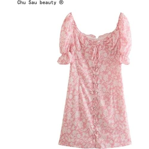 French Floral Print Square Collar Dress 2021 Summer Women Folds Puff Sleeve Short Bandage Mini Dress Zipper Vestido Chic