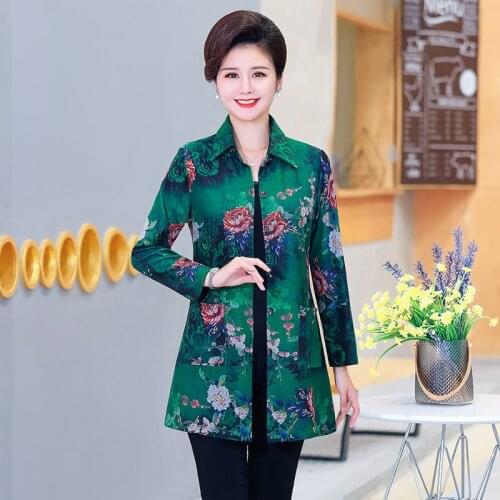 Women 2021 Spring Autumn Fashion Middle-aged Printed Coats Female Large-size Loose Jackets Ladies Long Pockets Overcoats W255