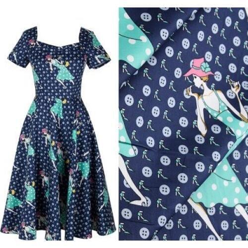 Pretty Brand 50x140cm Navy Blue & Light Green Modern Lady Printed 100% Cotton Fabric