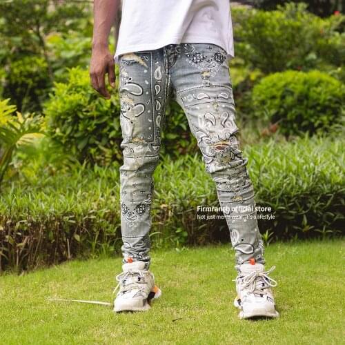 Firmranch New Paisley Print Blue Jeans For Men/Women Ins High Street Broken Pencil Jeans Denim Pants Slim Motorcycle Trouse