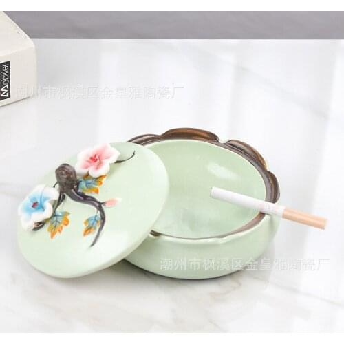 Enamel ceramic ashtray with cover, living room tea table decoration, small cigarette tray storage box