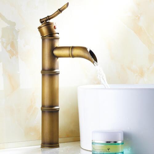 European Antique Bathroom Faucet Brass Basin Faucets Tap Tall Bamboo Hot Cold Water With Two Pipes Kitchen Taps