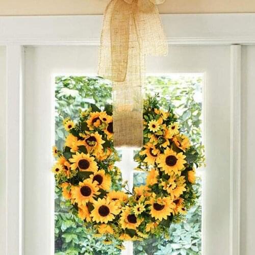 Hot Artificial Sunflower Summer Wreath Decorative Fake Flower Wreath With Yellow Sunflower And Green Leaves 16 Inch