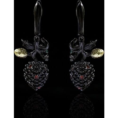 Italy Jewelry Vintage Flower Bud Inlay Ruby 925 Silver Drop Earrings Fashionable Black Gold Color Earrings Wedding Jewelry