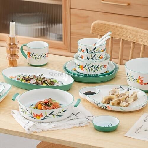 Nordic Hand-painted Flower Ceramic Tableware Creative Color Glaze Rice Bowl Dish Plate Spoon Hotel Household Gift Set