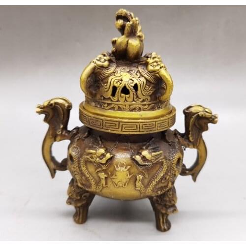 China Collect Copper Sculpture Brass Dragon SandalWood Incense Burner Metal Crafts Home Decoration