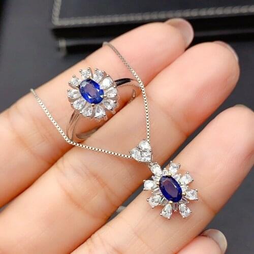 Sapphire Ring Set for Office Woman 4mm Natural Sapphire Set 925 Silver Sapphire Jewelry Gift for Woman