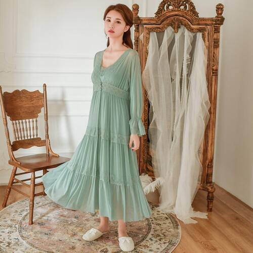 Hanxiuju Soft Modal 2 Pieces Womens Robe Sets Spring Autumn Vintage Princess Gauze Long Sleepwear Girls Tiered Night Dress