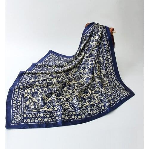 Fahsion Floral Print Hijab Scarf For Women Silk Satin Head Scarfs Female 90*90cm Square Shawls and Wraps Scarves For Ladies 2021