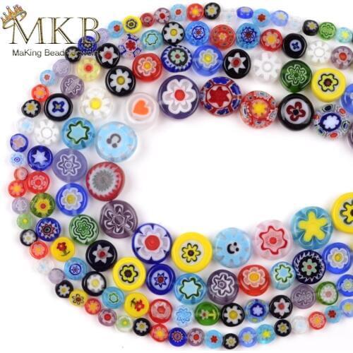 Millefiori Glass Beads Mixed Color Flat Disc Oblate Round Beads For Jewelry Making 4-10mm Spacer Loose Beads Fit Diy Bracelet15"