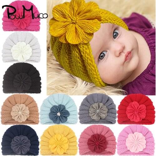 Powmuco 16*13 CM Fashion Knitted Wool Hats Handmade Flower Baby Girls Caps Autumn and Winter Warm Bonnet Children Hair Accessory