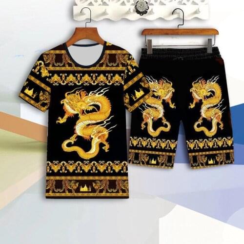 Fashion Chinese style dragon suit summer short-sleeved T-shirt + shorts 2 piece set casual large size 3D dragon mens clothing