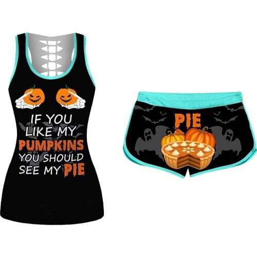 Fashion Women Sexy Sleeveless Halloween If You Like My Pumpkins You Should See My Pie Letter Printed Vest Tops Shorts Set#35