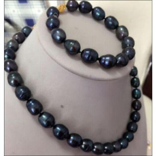 New 9-10MM Black Freshwater Tahitian Pearl Necklace Bracelet Set