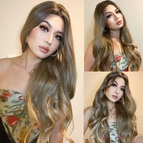TINY LANA Long Wavy Wigs Middle Part Ombre Dark Brown Blonde Synthetic Wigs For Black Women Cosplay Party Daily Heat Resistant
