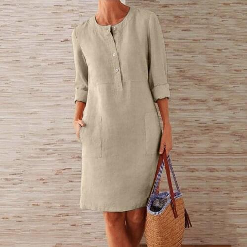 40# Casual Cotton And Line Dress Boho Loose O Neck Long Sleeve Dress With Buttons Office Lady Solid Color Vintage Dress Vestidos