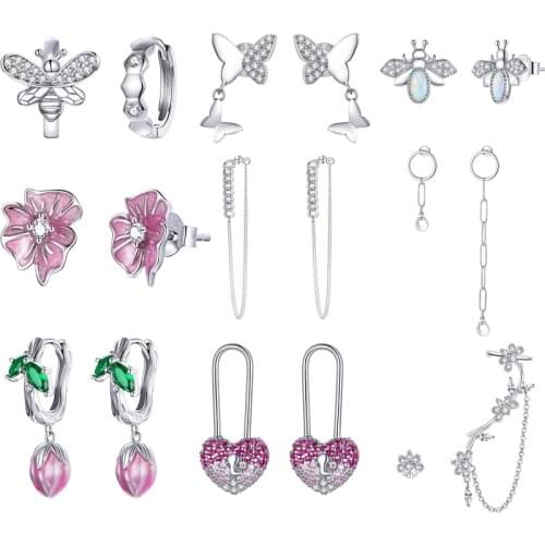 BISAER Stud Earrings 925 Sterling Silver Blossoming Love CZ Earrings For Women Wedding Engagement Jewelry Anel Gift EFE475