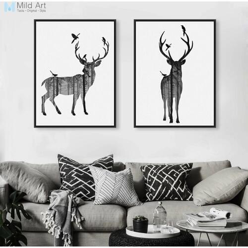 Modern Nordic Black White Animal Silhouette Deer Art Print Poster Wall Picture Canvas Paintings Living Room Home Decor No Frame
