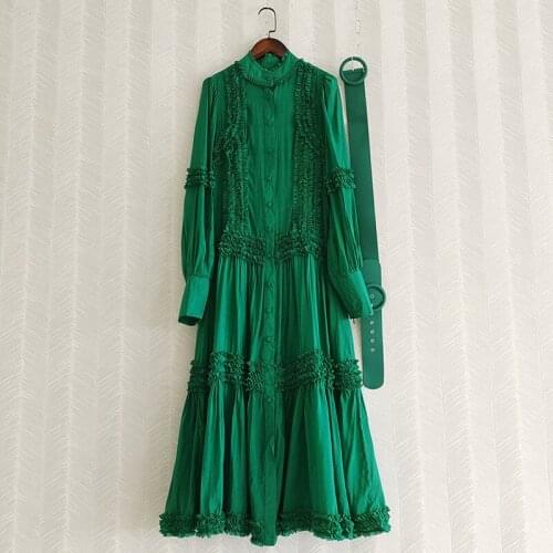 Spring 2021 New Designer womens standard collar elegant long sleeves dress High quality ruffles belt maxi dress A073