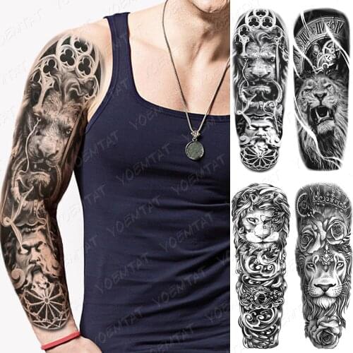 Waterproof Temporary Full Arm Tattoo Stickers Lion Clock Rose Flash Tattoos Male Thigh Ink Body Art Big Fake Sleeve Tatto Women