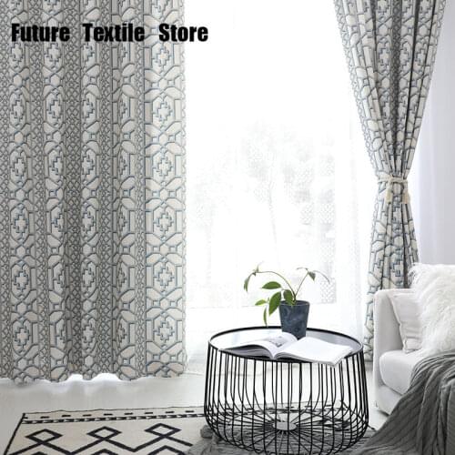 [Blue Wall Stone Window]The curtain is the curtain fabric of the living room dining room modern cotton and linen printed curtain
