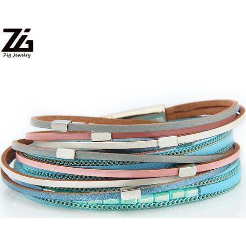 ZG Long Multilayer Leather Bracelet for Women Fashion Crystal Rhinestone Beads Magnetic Wrap Bracelets Charm Bijoux