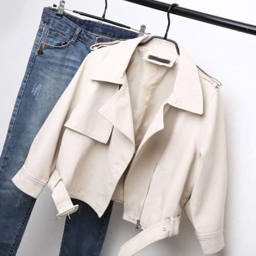 Ailegogo New Spring Women Loose Fit Faux Leather Jacket Casual Female Pu Leather Jackets Belt Short Black Biker Outwear Coats