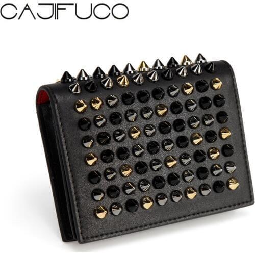 CAJIFUCO Women Metal Gun Black Stud Wallet Rivet Credit Card Holder Studded Porte Carte Genuine Leather Coin Purse Card Wallet