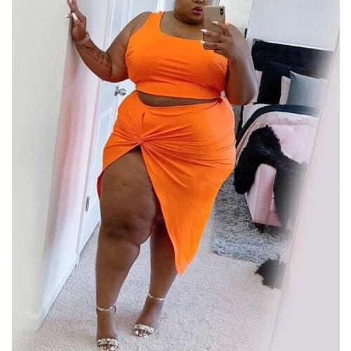 Orange Two Piece Skirt Set for Women Plus Size Summer Short Top Skirt Sets Knee Length Sexy Night Club Suit Sets 2020 Hot Sales
