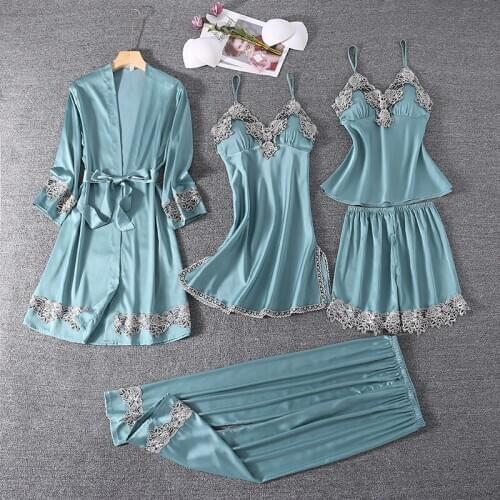 Ladies Casual Satin Pajamas Suit Sexy 5PCS Lace Sleepwear Women New Sleep Set Lounge Female Kimono Bath Gown Home Clothing