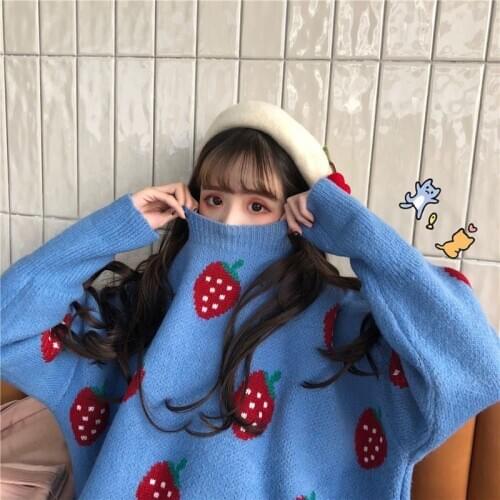 Women Sweater New Spring Autumn Computer Knitted Sweet O-Neck Full Loose Pullovers Strawberry Sweater Winter Clothes Women