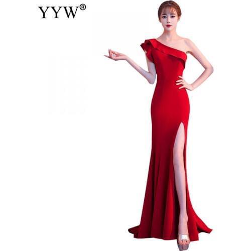 Womens Sexy One Shoulder Ruffle Red Evening Dress Formal Prom Party Dress Side Slit Floor-Length Elegant Slim Club Mermaid Dress