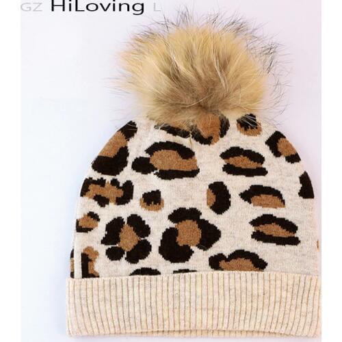 2016Trendy 100% Real Fur Raccoon Pompom Winter Beanies Hats Leopard Hats Women European Famous Brand Wool Skull Cap In Women