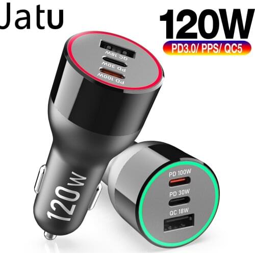 120W USB C Car Charger,3-port PPS/PD 100W/65W/45W/30W/20W QC3.0 for xiaomi HUAWEI TYPE C laptop tablet iphone 12 S20/Note 10/20