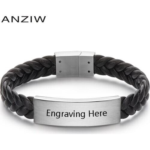 Anziw Engrave Name Black Leather Bracelet for Men Leather Braided Rope Bracelet For Men Engraved Family Name