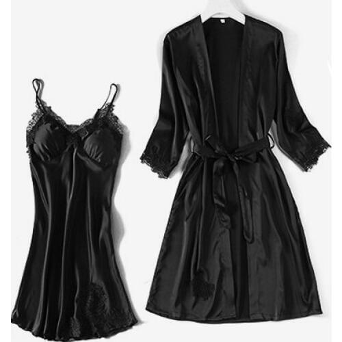 Black Pajamas Set Womens Lace Nightshirts Summer Robe Gown Sleep Wear Homewear V-Neck Lingerie Nightwear Suit Sleepwear Pijama