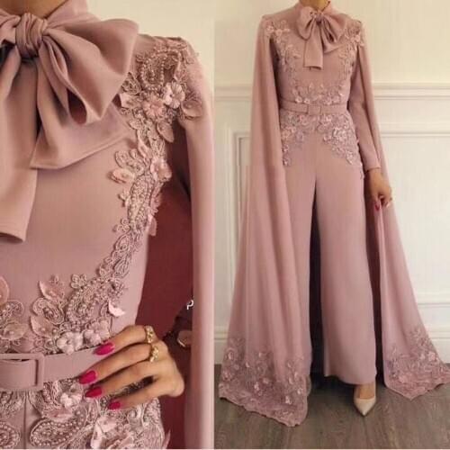 Jumpsuit Prom Dresses High Collar Bowknot Lace Appliques with Cape Chiffon Pearls Evening Dresses Pants
