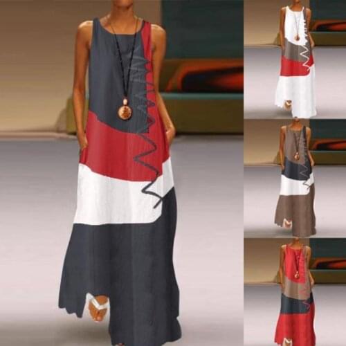 Summer Women Sleeveless Patchwork Dress Beach Maxi Sundress Casual Sleeveless Tunic Vestido Female Cotton Robe Plus Size Vestido