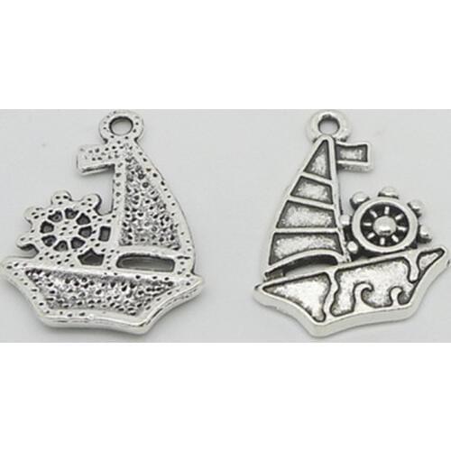 BULK 30 Zinc Alloy Metal Sailboat Charms with Ship Wheel Antique Silver Plated 28*21mm 3.1g